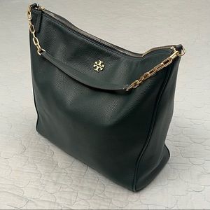 Tory Burch Carter Slouchy Hobo Bag Green Pebbled Leather & Gold-tone Hardware